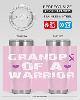 Alzheimer's Awareness Tumbler in stainless steel with a vibrant design, showcasing its double wall vacuum insulation and drink-thru lid.