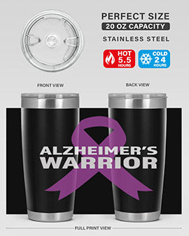 Alzheimer's Awareness Tumbler in 20oz and 30oz sizes, showcasing double wall vacuum stainless steel design with a drink-thru lid.
