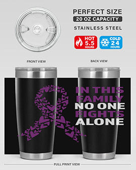 Alzheimer's Awareness Tumbler in 20oz and 30oz sizes, showcasing double wall vacuum stainless steel design with a vibrant awareness print.