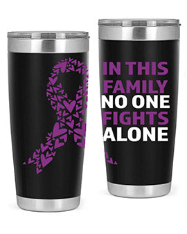 Alzheimer's Awareness Tumbler in 20oz and 30oz sizes, showcasing double wall vacuum stainless steel design with a vibrant awareness print.