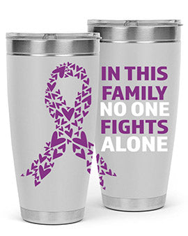 Alzheimer's Awareness Tumbler in 20oz and 30oz sizes, showcasing double wall vacuum stainless steel design with a vibrant awareness print.
