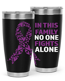 Alzheimer's Awareness Tumbler in 20oz and 30oz sizes, showcasing double wall vacuum stainless steel design with a vibrant awareness print.