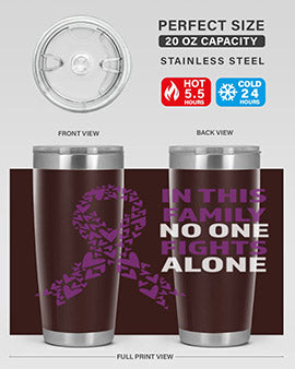 Alzheimer's Awareness Tumbler in 20oz and 30oz sizes, showcasing double wall vacuum stainless steel design with a vibrant awareness print.