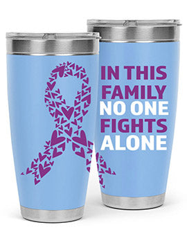 Alzheimer's Awareness Tumbler in 20oz and 30oz sizes, showcasing double wall vacuum stainless steel design with a vibrant awareness print.
