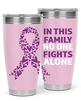 Alzheimer's Awareness Tumbler in 20oz and 30oz sizes, showcasing double wall vacuum stainless steel design with a vibrant awareness print.