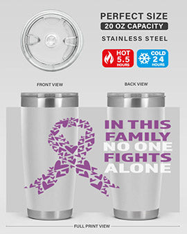 Alzheimer's Awareness Tumbler in 20oz and 30oz sizes, showcasing double wall vacuum stainless steel design with a vibrant awareness print.