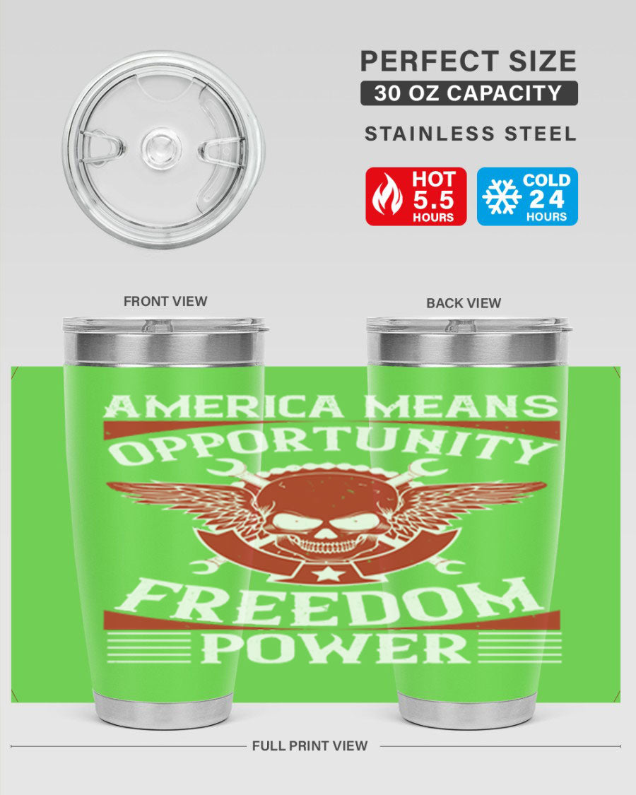 America means opportunity tumbler featuring a patriotic design, made of double wall vacuum stainless steel with copper lining.