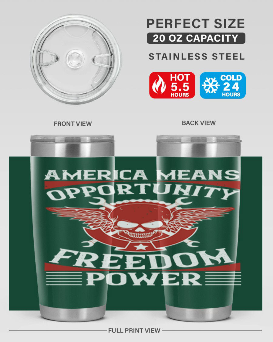 America means opportunity tumbler featuring a patriotic design, made of double wall vacuum stainless steel with copper lining.