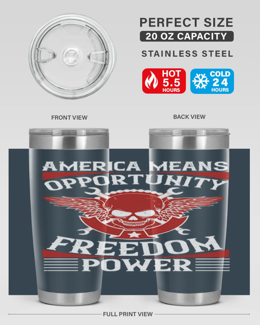 America means opportunity tumbler featuring a patriotic design, made of double wall vacuum stainless steel with copper lining.