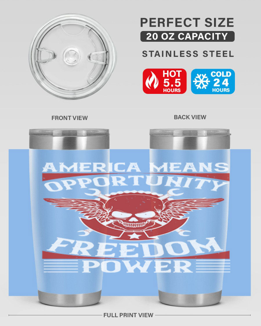 America means opportunity tumbler featuring a patriotic design, made of double wall vacuum stainless steel with copper lining.