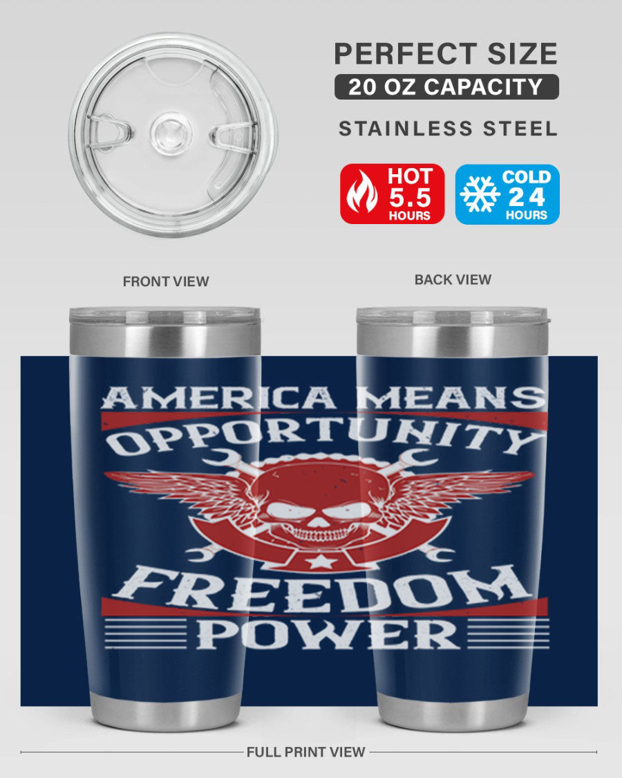 America means opportunity tumbler featuring a patriotic design, made of double wall vacuum stainless steel with copper lining.