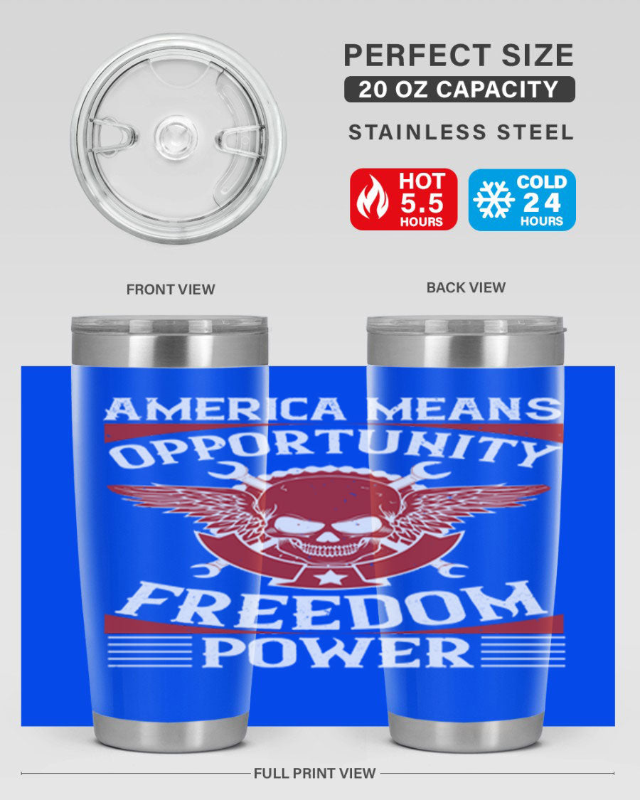 America means opportunity tumbler featuring a patriotic design, made of double wall vacuum stainless steel with copper lining.