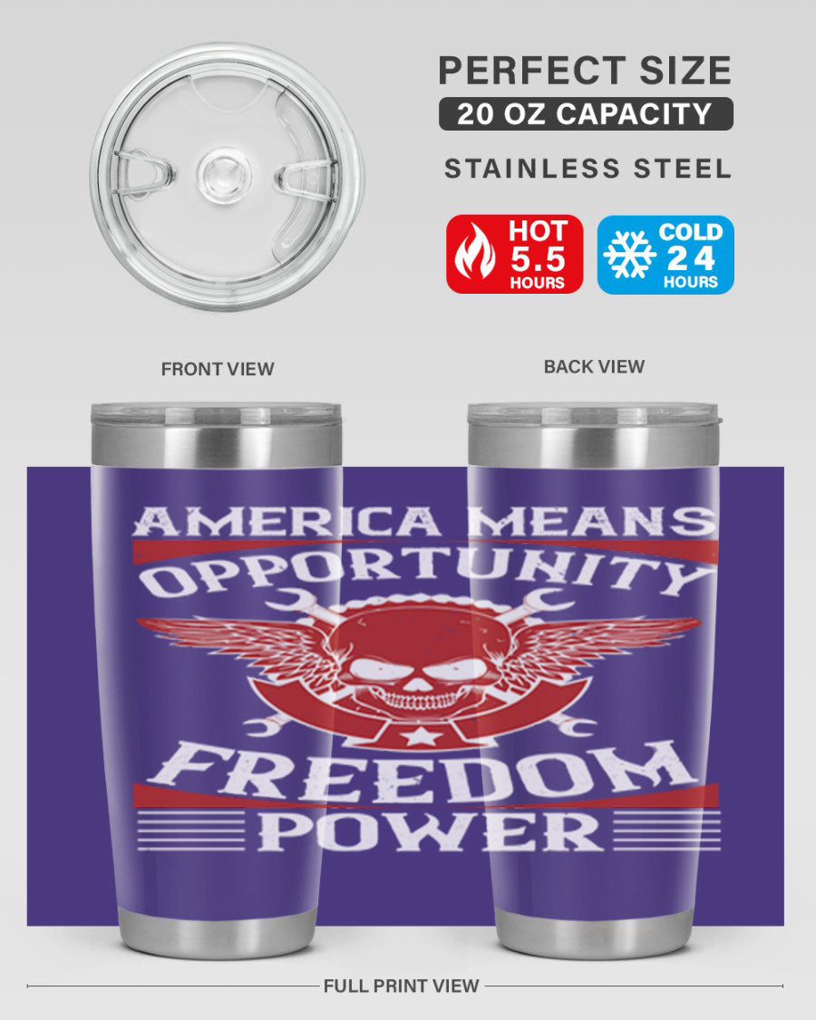 America means opportunity tumbler featuring a patriotic design, made of double wall vacuum stainless steel with copper lining.