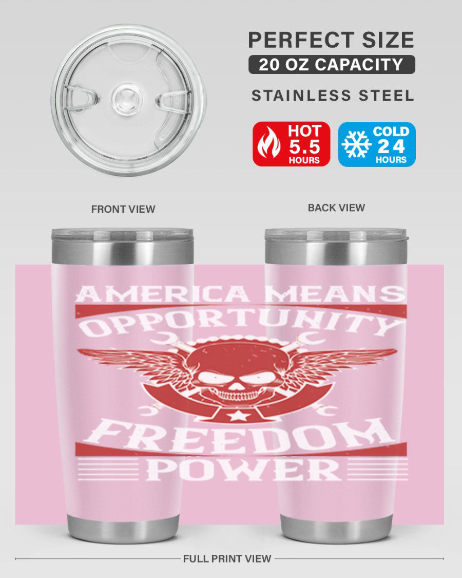 America means opportunity tumbler featuring a patriotic design, made of double wall vacuum stainless steel with copper lining.