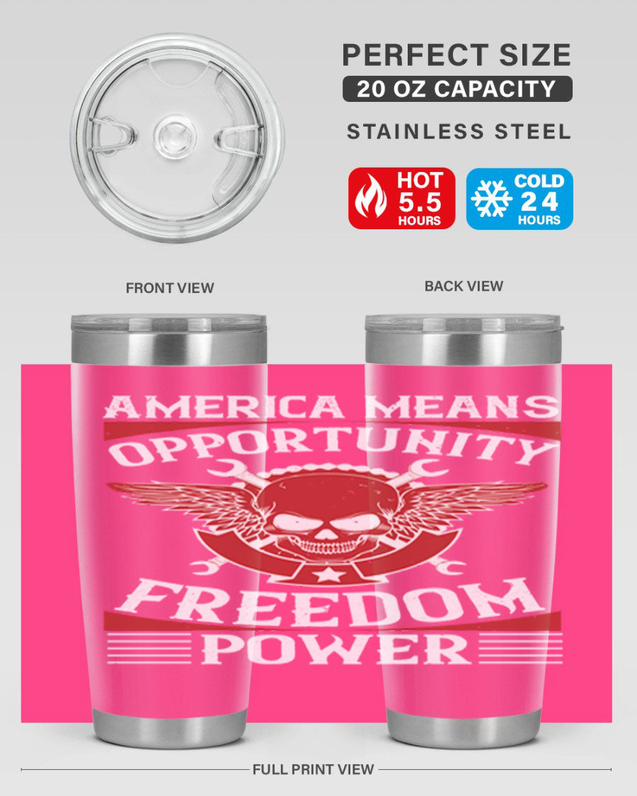 America means opportunity tumbler featuring a patriotic design, made of double wall vacuum stainless steel with copper lining.