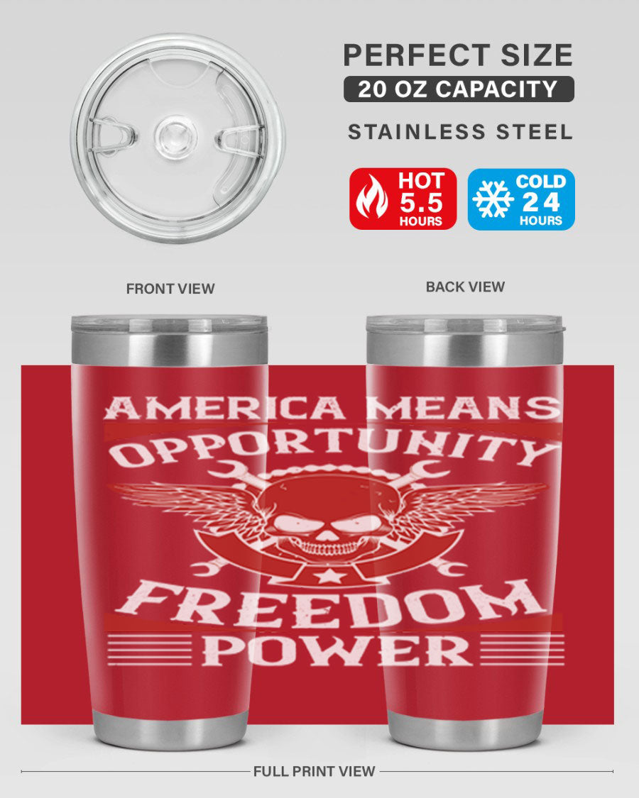America means opportunity tumbler featuring a patriotic design, made of double wall vacuum stainless steel with copper lining.