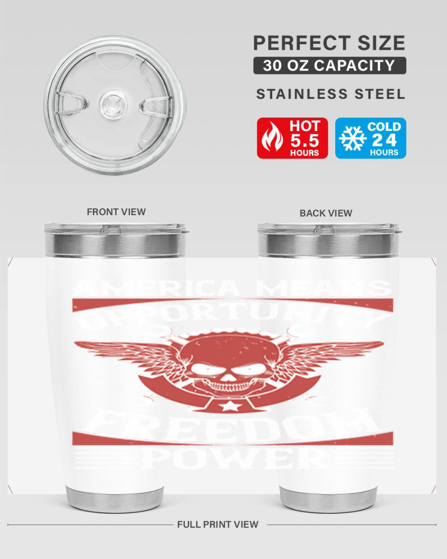 America means opportunity tumbler featuring a patriotic design, made of double wall vacuum stainless steel with copper lining.
