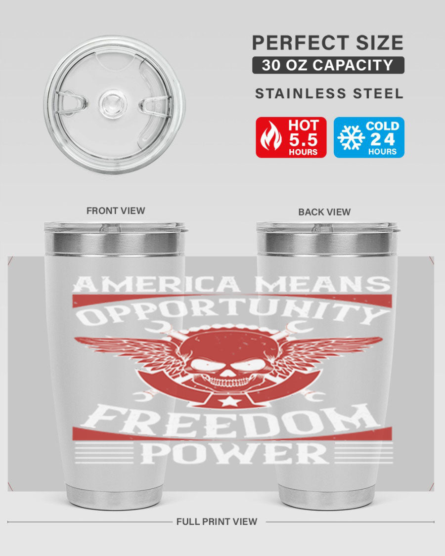 America means opportunity tumbler featuring a patriotic design, made of double wall vacuum stainless steel with copper lining.
