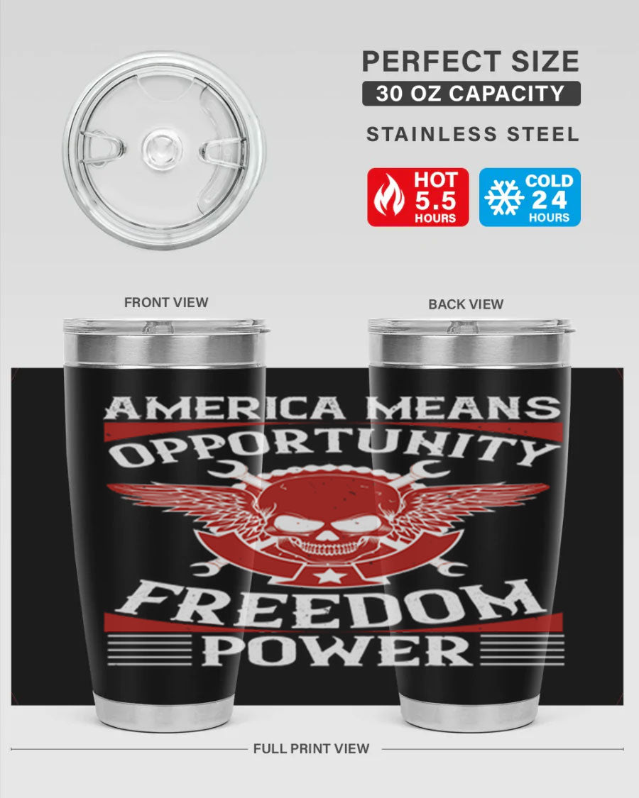 America means opportunity tumbler featuring a patriotic design, made of double wall vacuum stainless steel with copper lining.