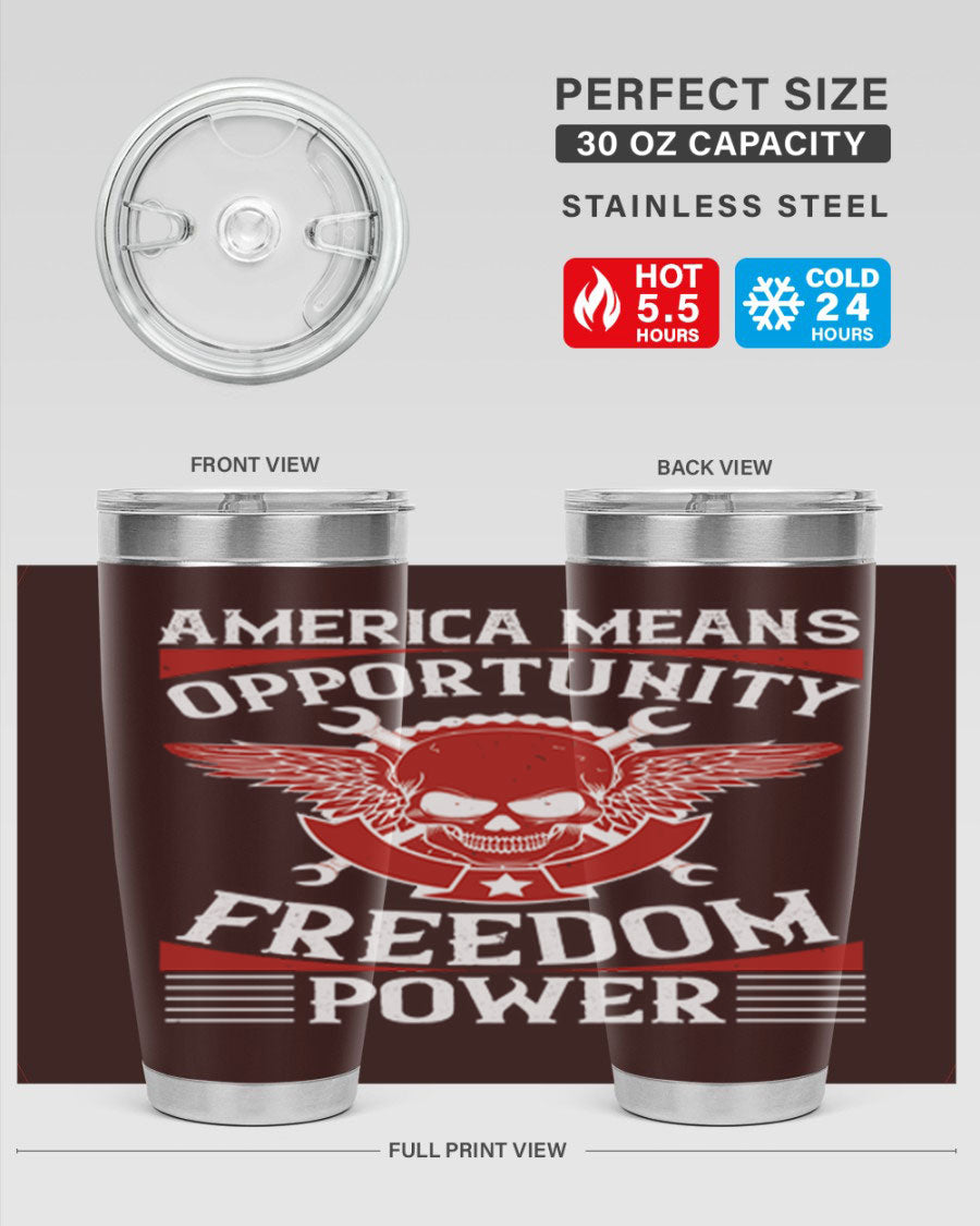 America means opportunity tumbler featuring a patriotic design, made of double wall vacuum stainless steel with copper lining.