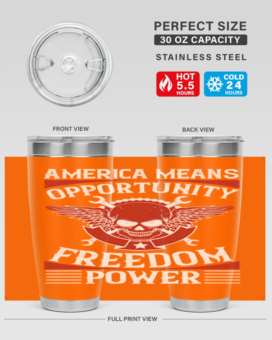 America means opportunity tumbler featuring a patriotic design, made of double wall vacuum stainless steel with copper lining.