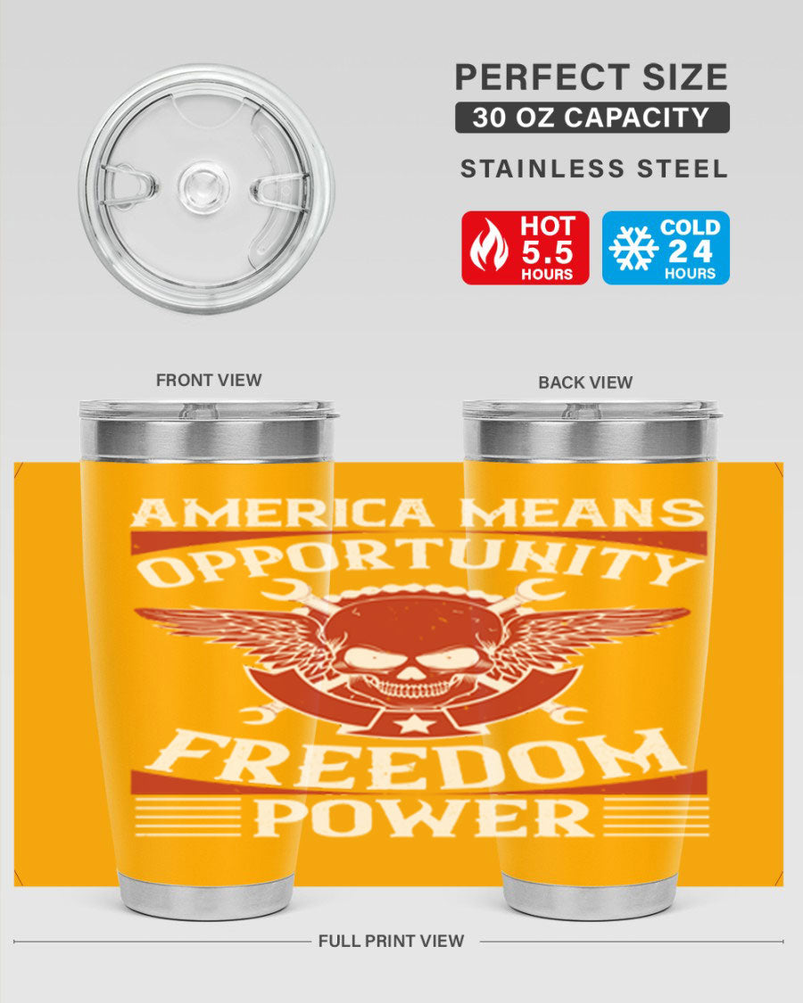 America means opportunity tumbler featuring a patriotic design, made of double wall vacuum stainless steel with copper lining.