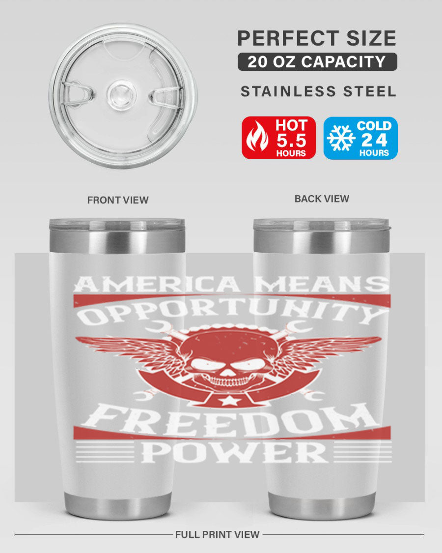America means opportunity tumbler featuring a patriotic design, made of double wall vacuum stainless steel with copper lining.