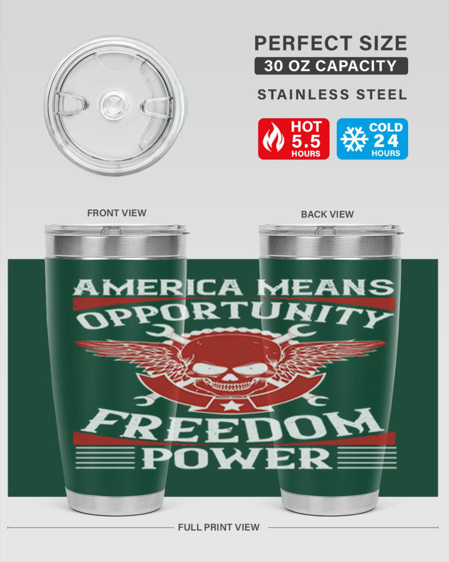 America means opportunity tumbler featuring a patriotic design, made of double wall vacuum stainless steel with copper lining.