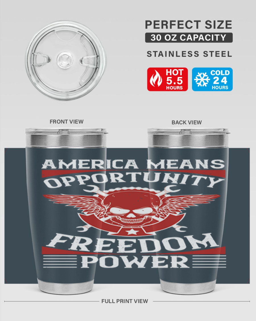 America means opportunity tumbler featuring a patriotic design, made of double wall vacuum stainless steel with copper lining.