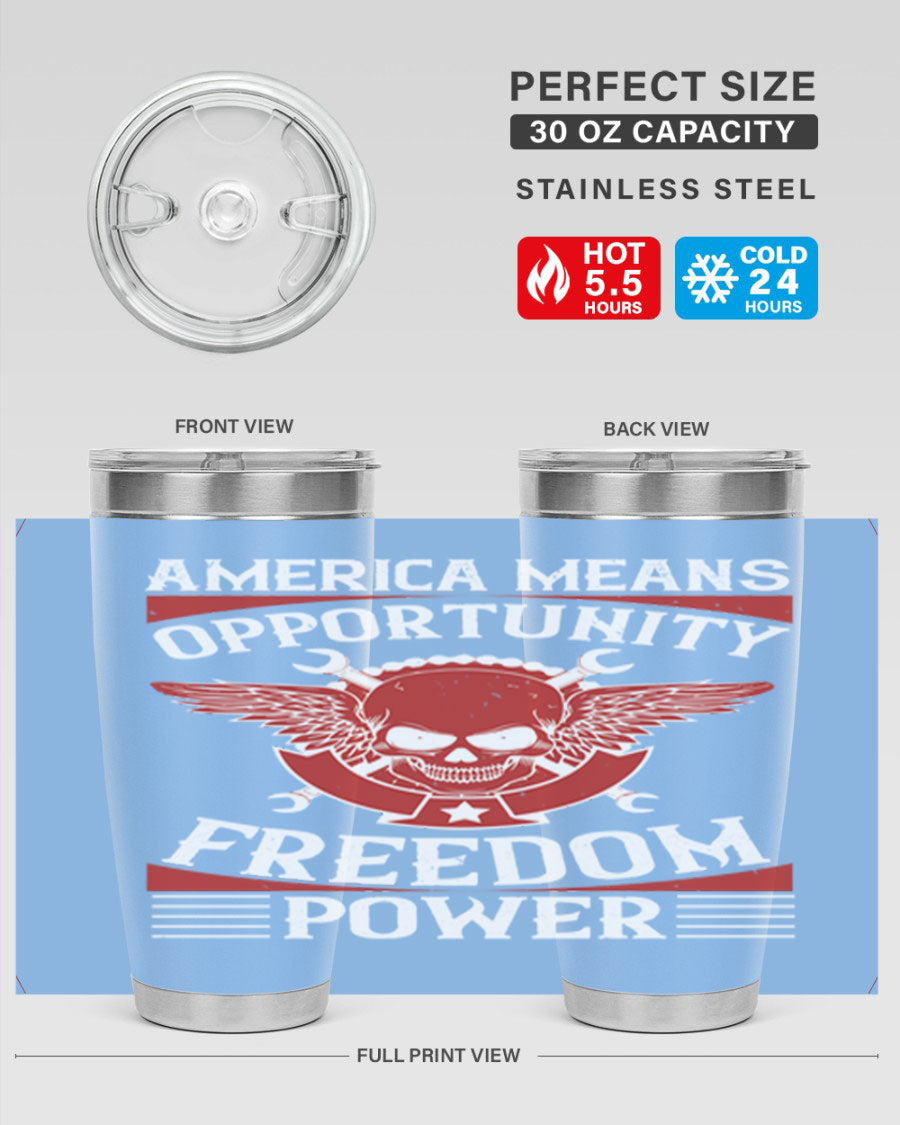 America means opportunity tumbler featuring a patriotic design, made of double wall vacuum stainless steel with copper lining.