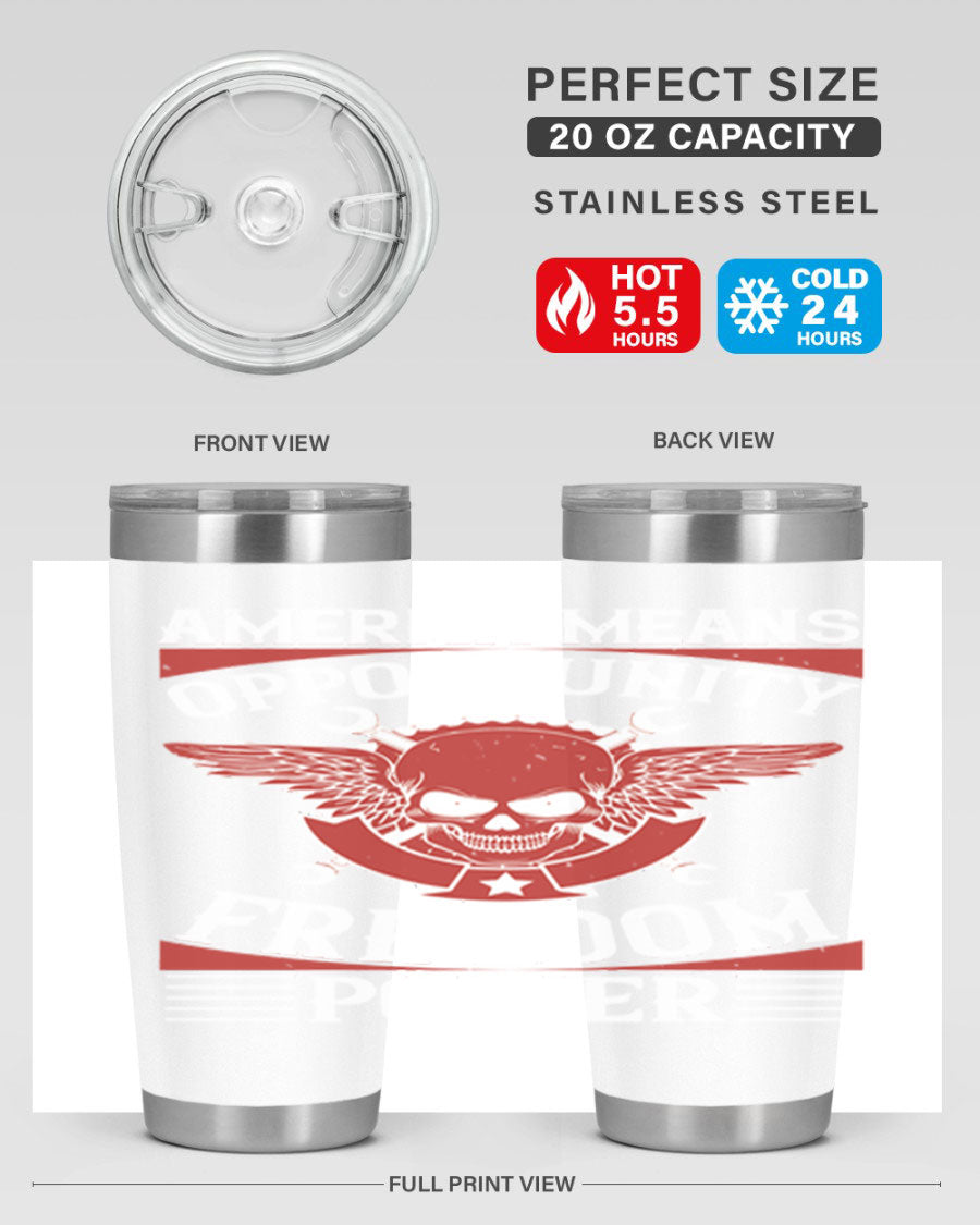 America means opportunity tumbler featuring a patriotic design, made of double wall vacuum stainless steel with copper lining.