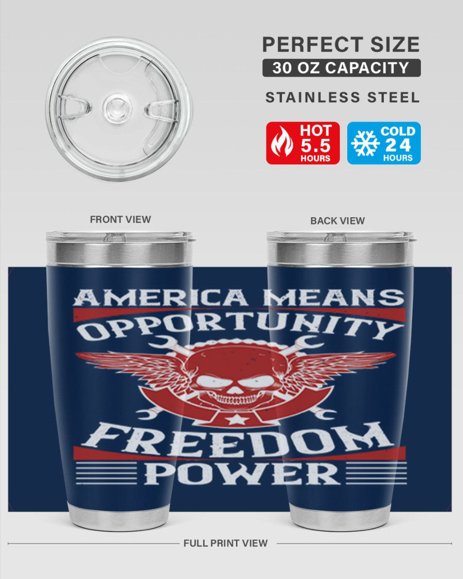 America means opportunity tumbler featuring a patriotic design, made of double wall vacuum stainless steel with copper lining.