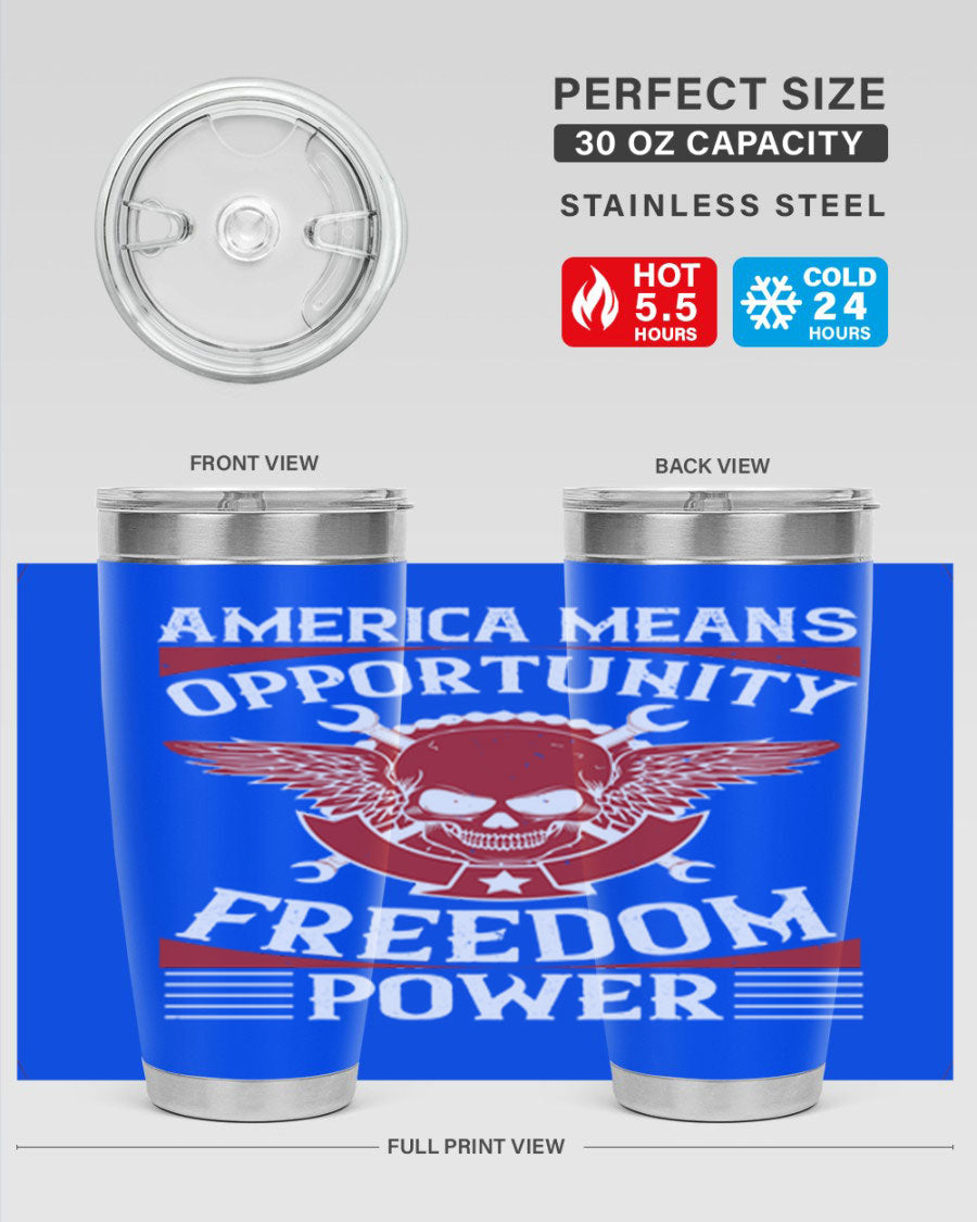 America means opportunity tumbler featuring a patriotic design, made of double wall vacuum stainless steel with copper lining.