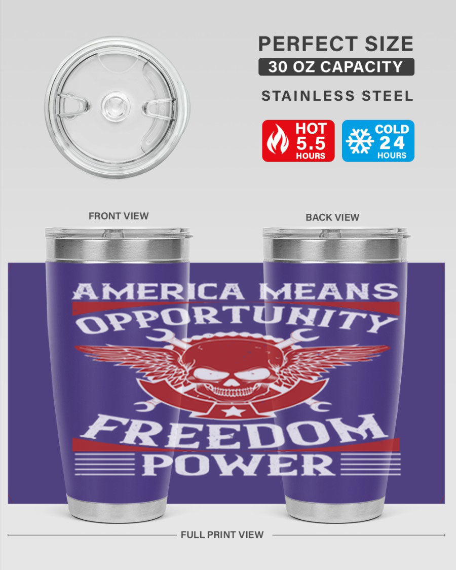 America means opportunity tumbler featuring a patriotic design, made of double wall vacuum stainless steel with copper lining.