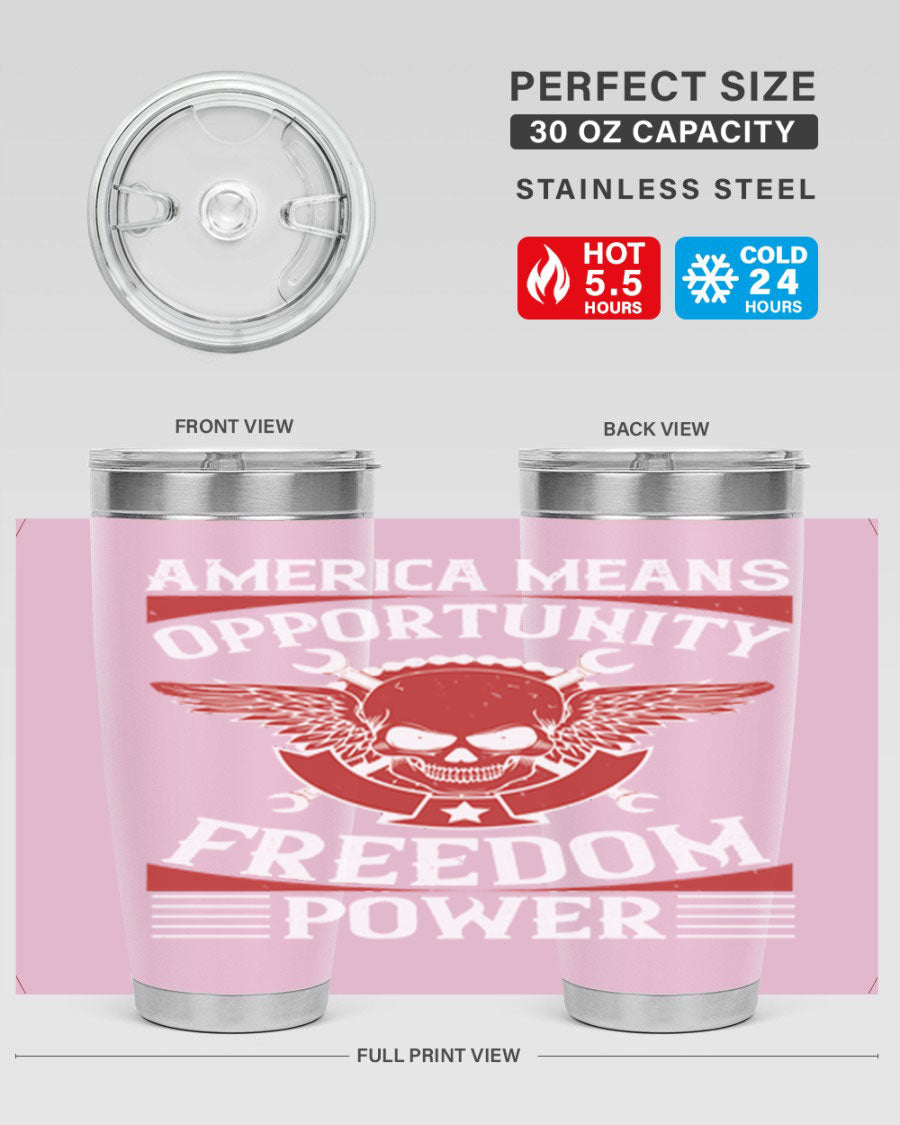 America means opportunity tumbler featuring a patriotic design, made of double wall vacuum stainless steel with copper lining.