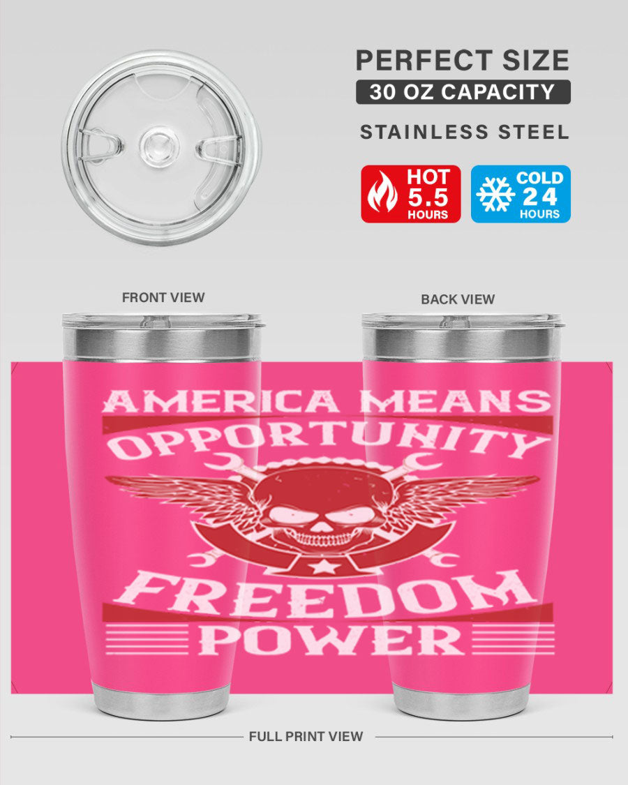 America means opportunity tumbler featuring a patriotic design, made of double wall vacuum stainless steel with copper lining.