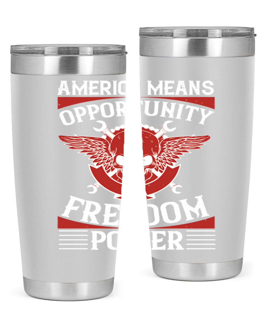 America means opportunity tumbler featuring a patriotic design, made of double wall vacuum stainless steel with copper lining.