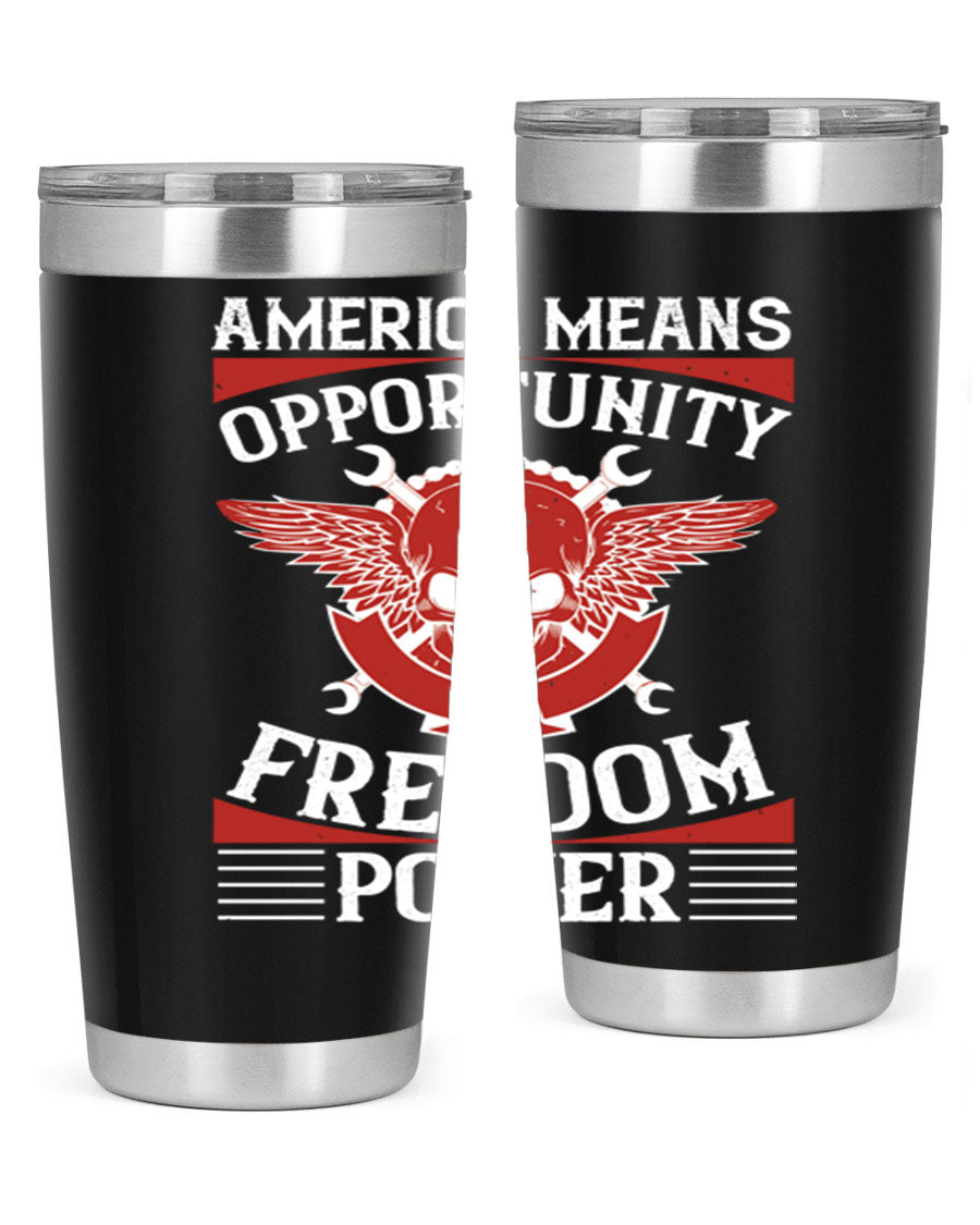 America means opportunity tumbler featuring a patriotic design, made of double wall vacuum stainless steel with copper lining.