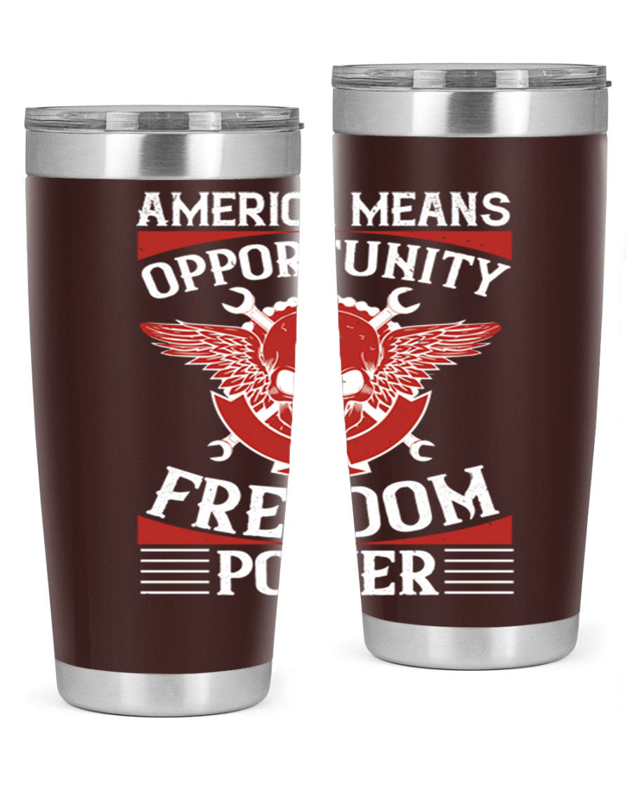 America means opportunity tumbler featuring a patriotic design, made of double wall vacuum stainless steel with copper lining.