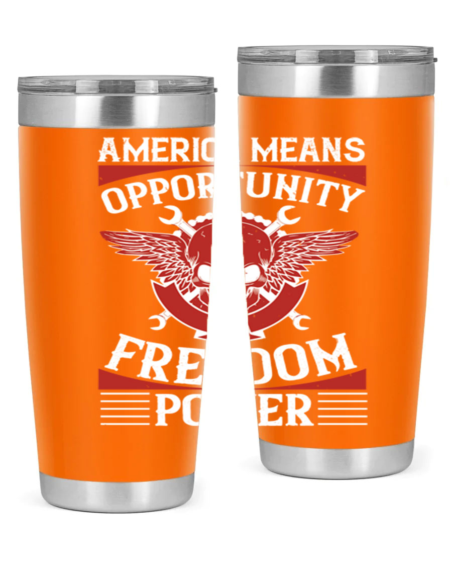 America means opportunity tumbler featuring a patriotic design, made of double wall vacuum stainless steel with copper lining.