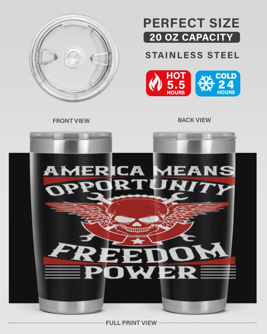 America means opportunity tumbler featuring a patriotic design, made of double wall vacuum stainless steel with copper lining.