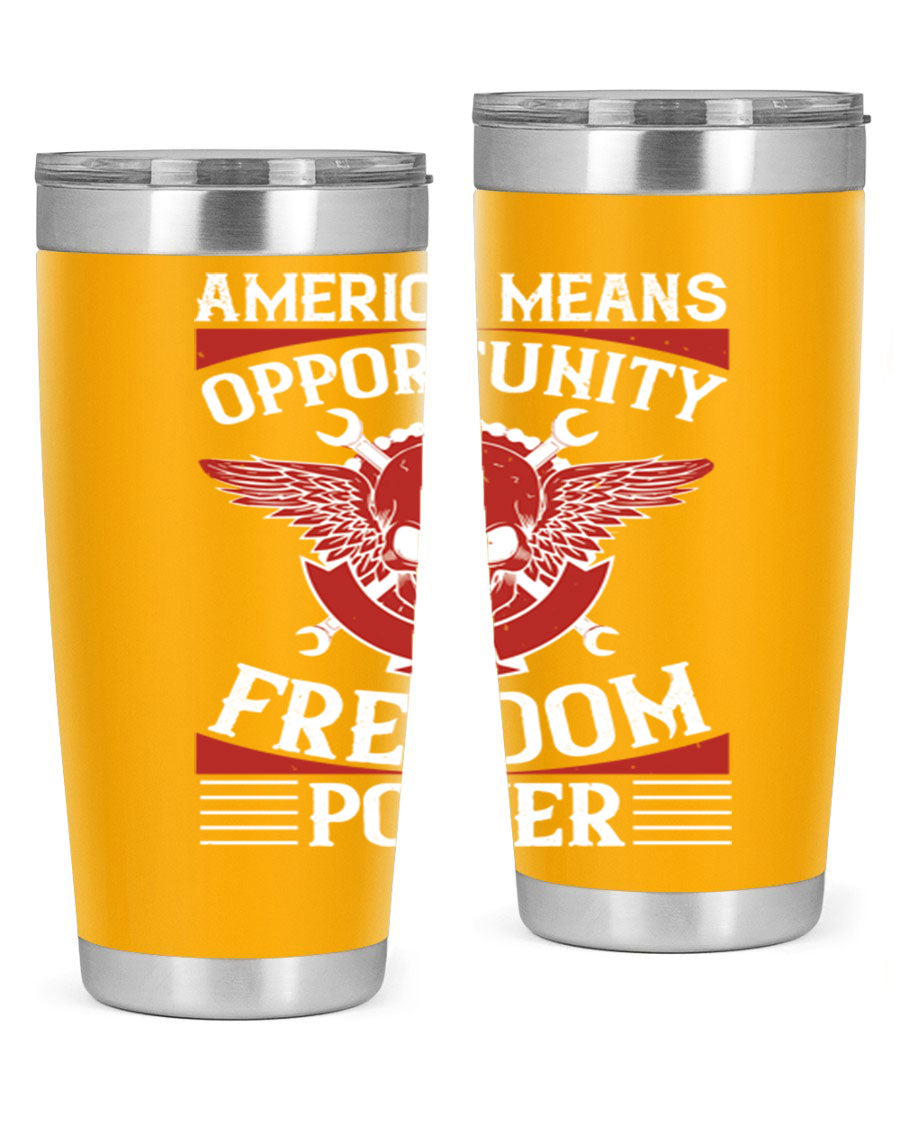 America means opportunity tumbler featuring a patriotic design, made of double wall vacuum stainless steel with copper lining.