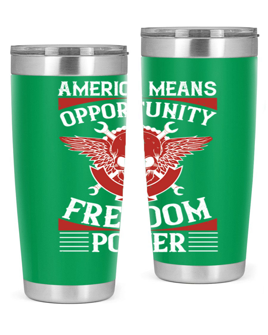 America means opportunity tumbler featuring a patriotic design, made of double wall vacuum stainless steel with copper lining.