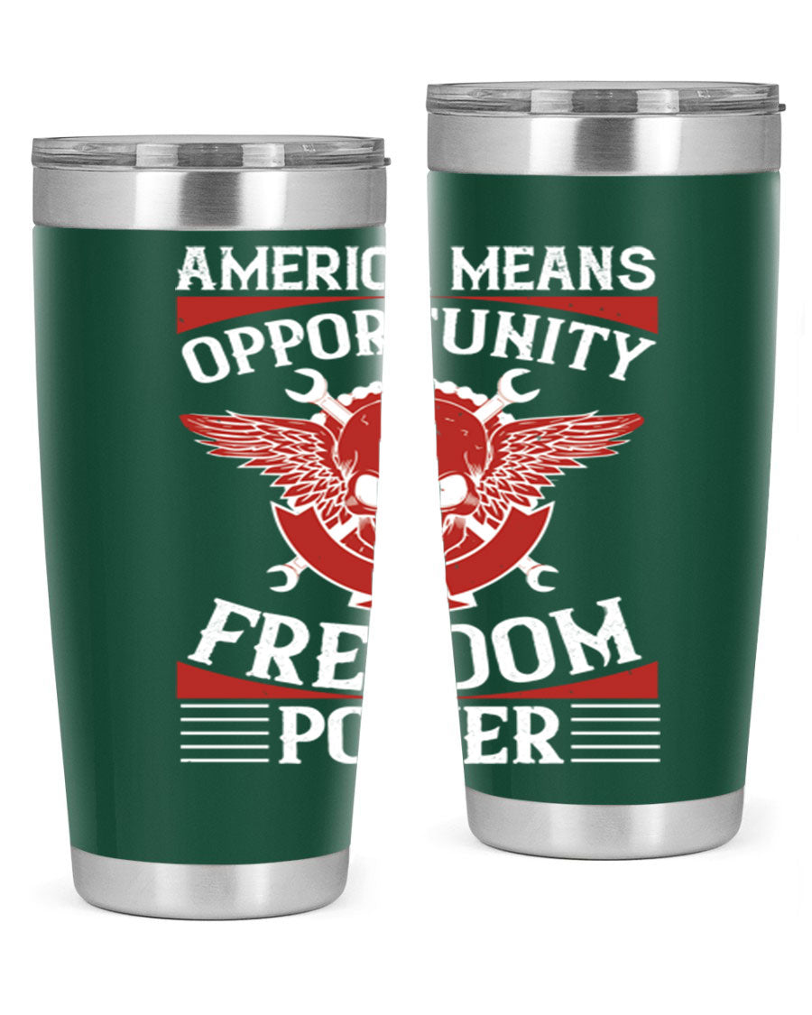 America means opportunity tumbler featuring a patriotic design, made of double wall vacuum stainless steel with copper lining.