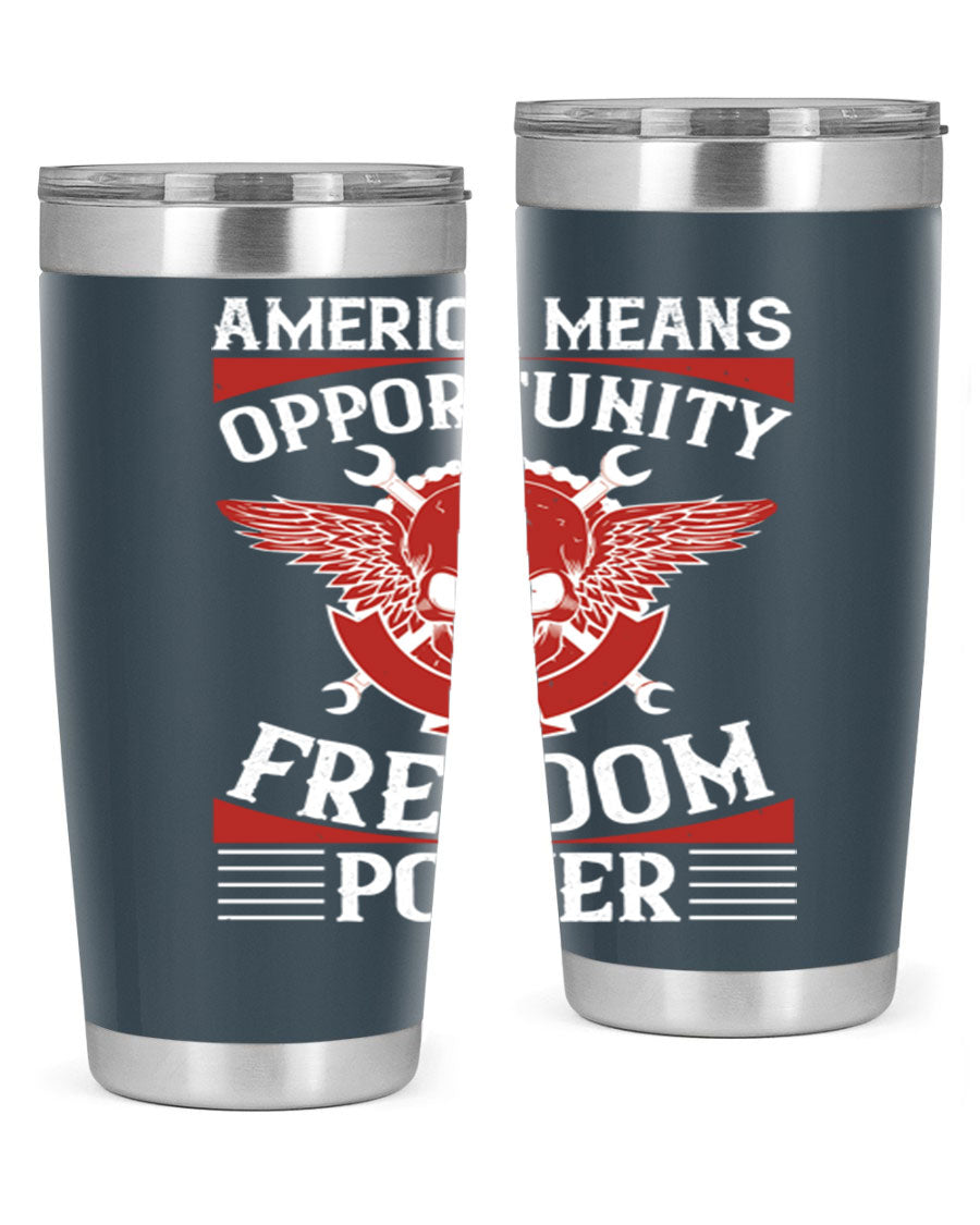 America means opportunity tumbler featuring a patriotic design, made of double wall vacuum stainless steel with copper lining.