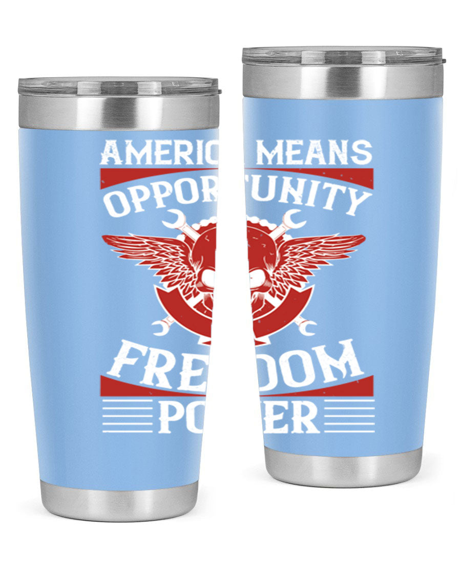 America means opportunity tumbler featuring a patriotic design, made of double wall vacuum stainless steel with copper lining.