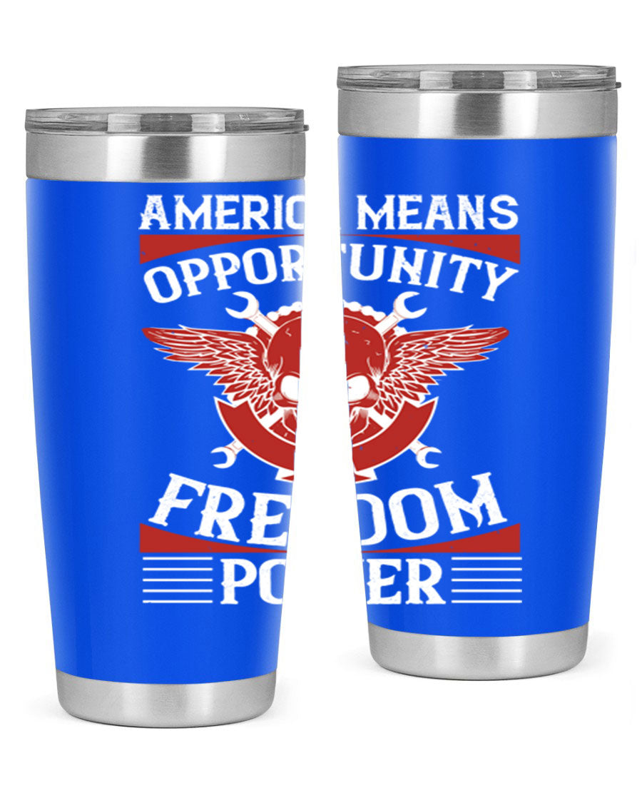 America means opportunity tumbler featuring a patriotic design, made of double wall vacuum stainless steel with copper lining.