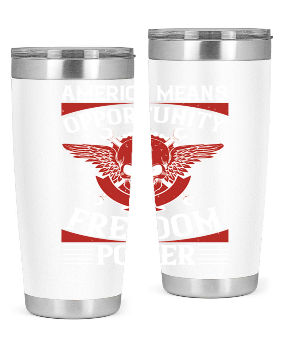 America means opportunity tumbler featuring a patriotic design, made of double wall vacuum stainless steel with copper lining.