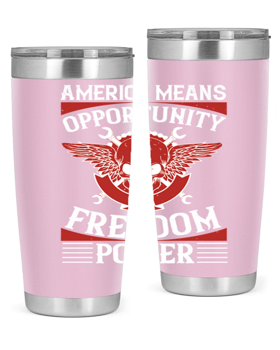 America means opportunity tumbler featuring a patriotic design, made of double wall vacuum stainless steel with copper lining.