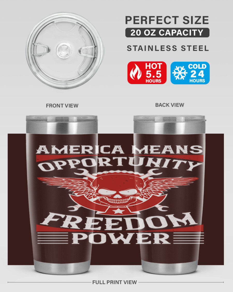 America means opportunity tumbler featuring a patriotic design, made of double wall vacuum stainless steel with copper lining.